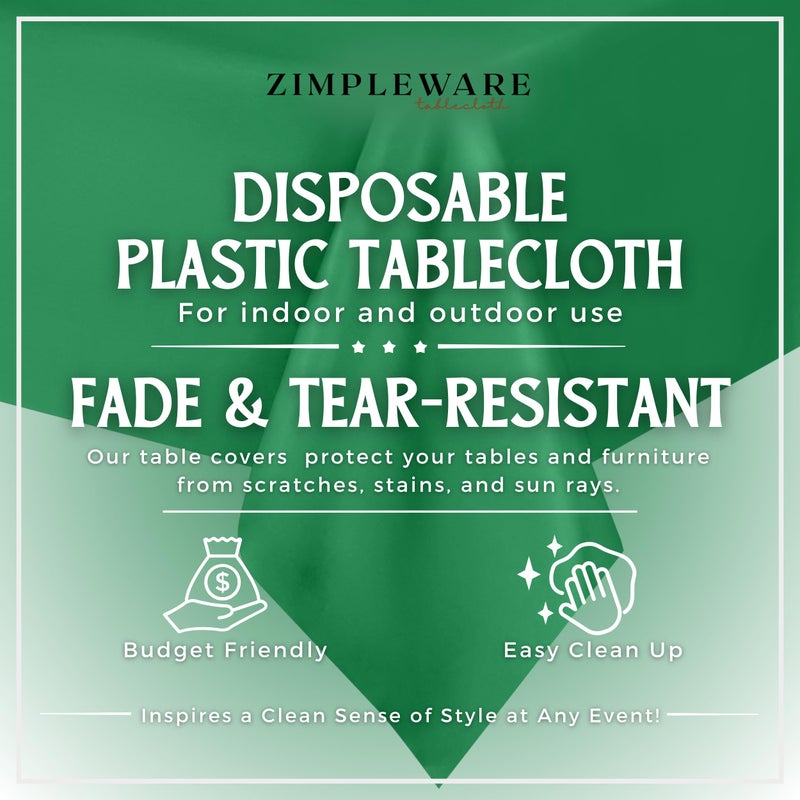 ZIMPLEWARE Premium Green Plastic Table Cloth Disposable (12 Pk) Plastic Tablecloths for Rectangle Tables (54in x 108in) Party Table Cloths Disposable for 6ft to 8ft Rectangle Tables - Image 2